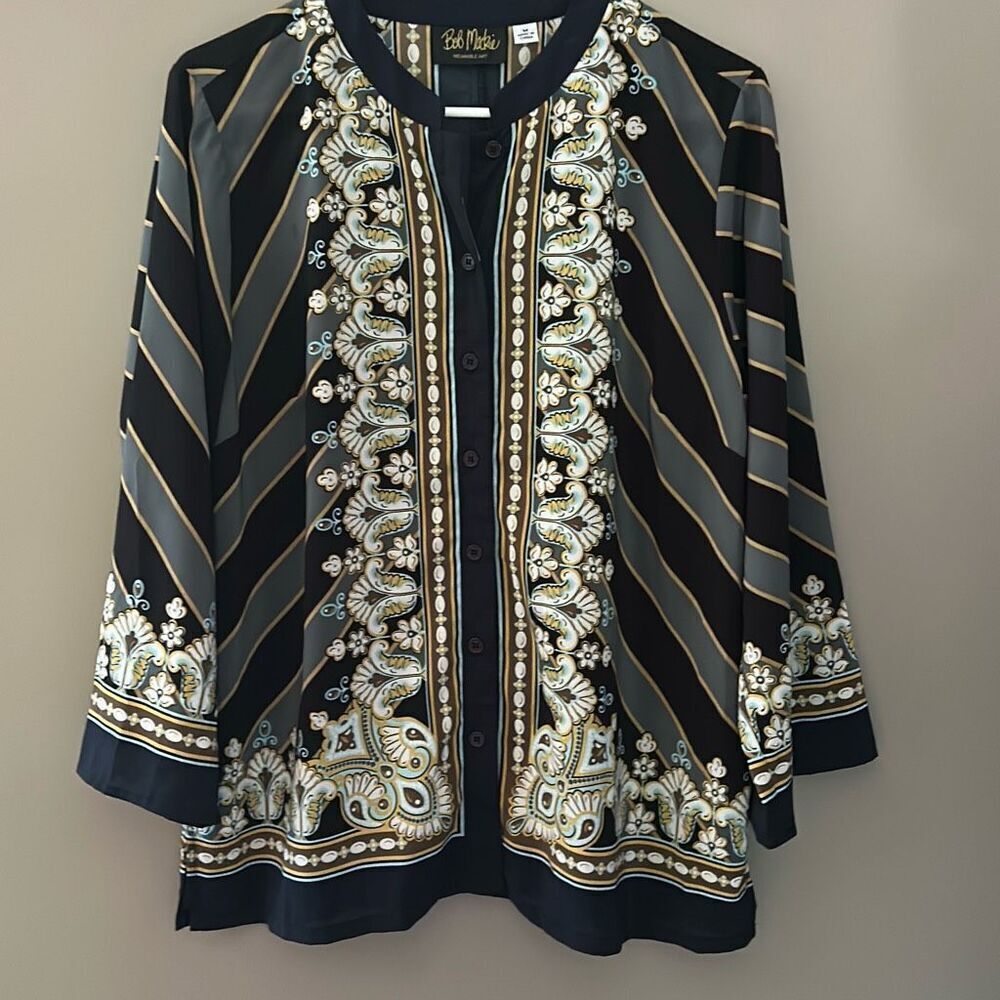 Bob Mackie Wearable Art Bombay Placement Print Button Front Shirt Medium